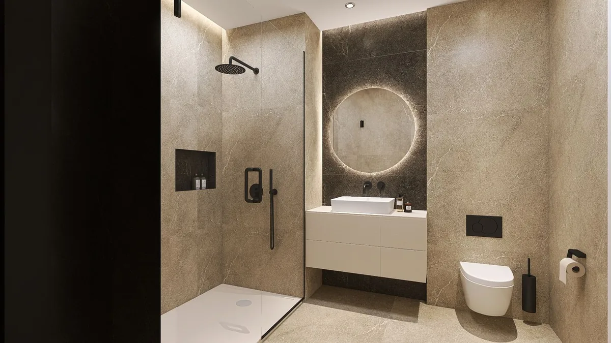 En-suite bathroom, warm beige stone version