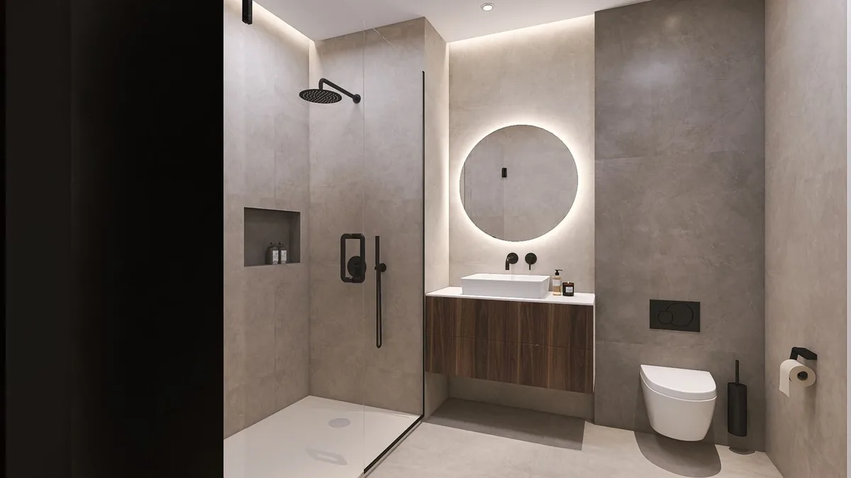 The same bathroom, grey stone version with a dark timber vanity