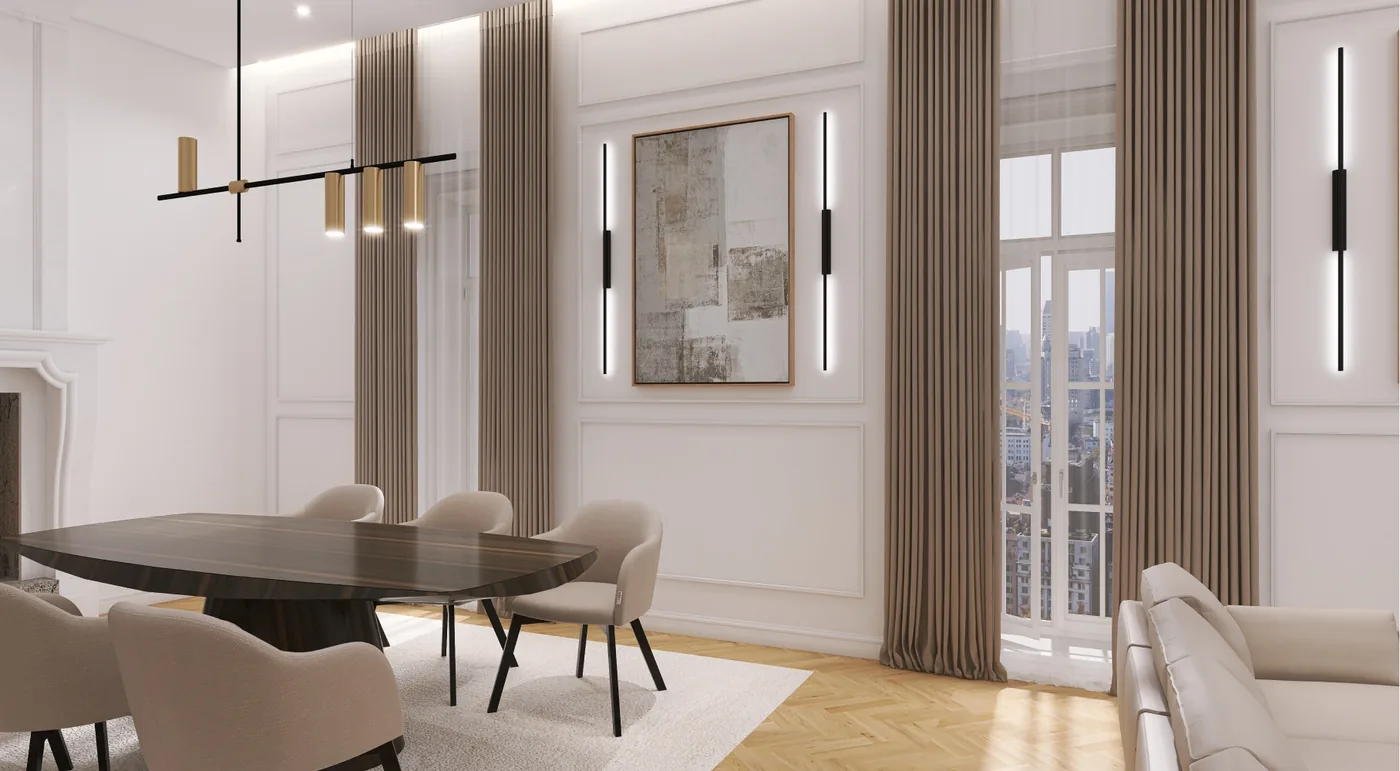 Dining room with wall mouldings, the original fireplace, a linear pendant and vertical light bars