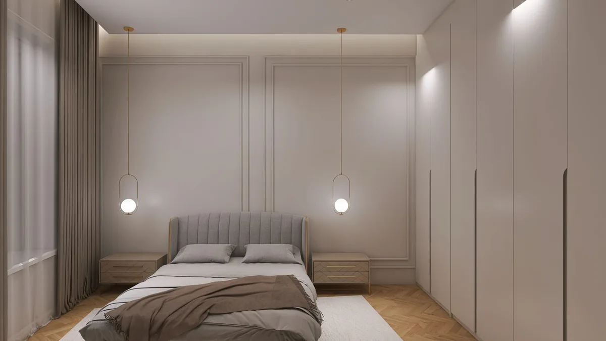 Second bedroom, with pendant lights and fitted wardrobes