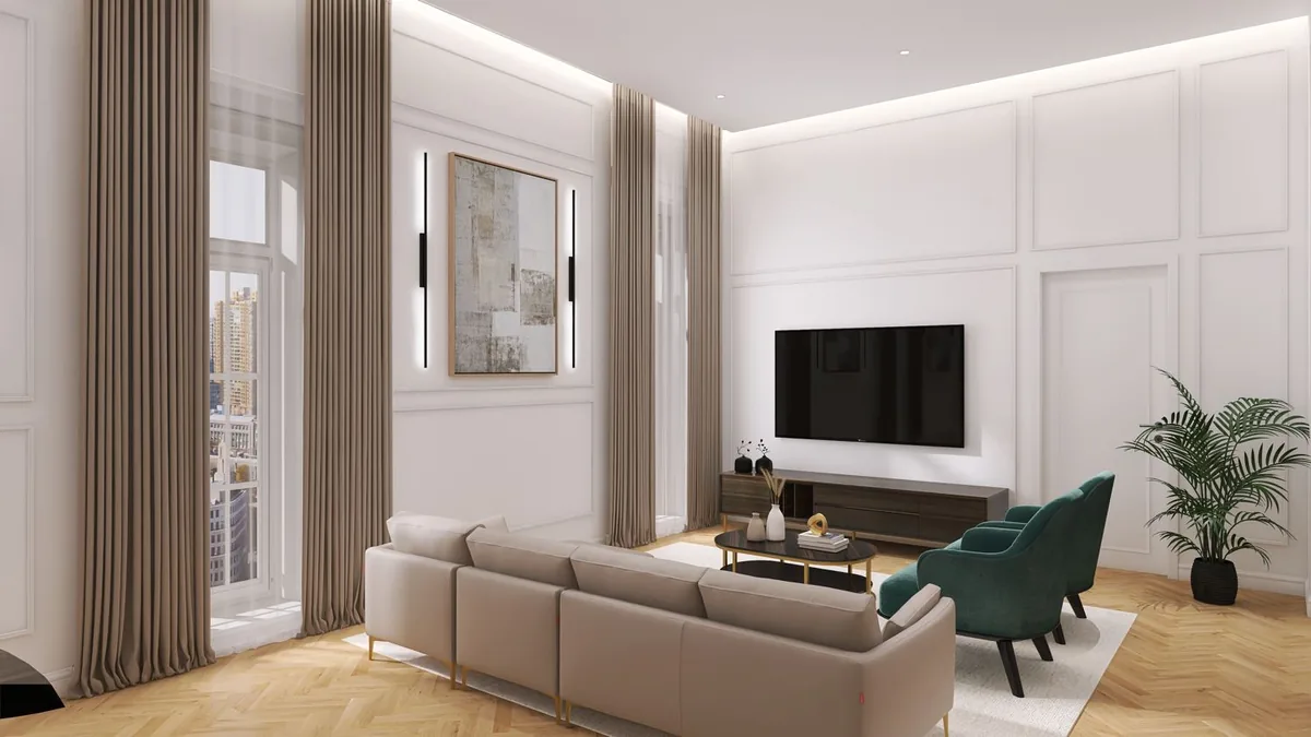 Another view of the living room, with a seating area by the window