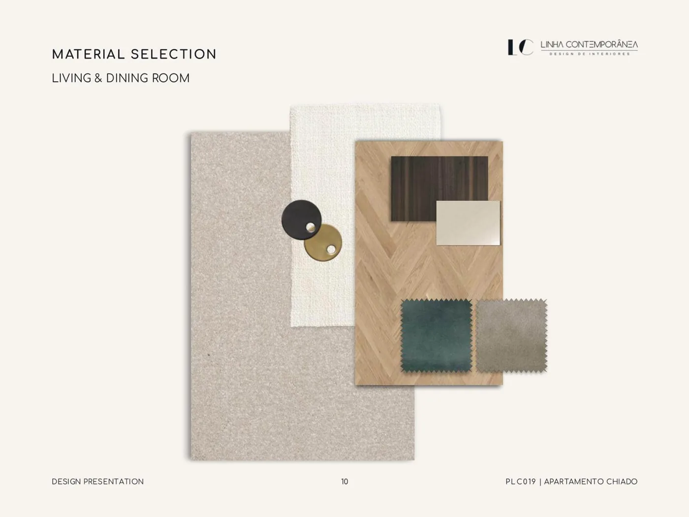 Living-room material board, with flooring, textile and metal samples