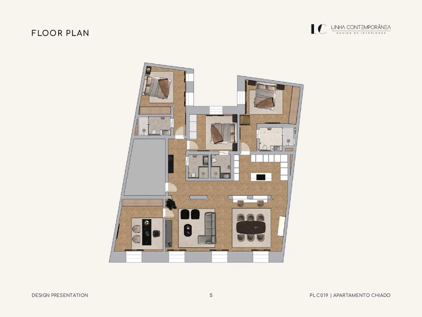 Apartment plan with the furniture set out to scale